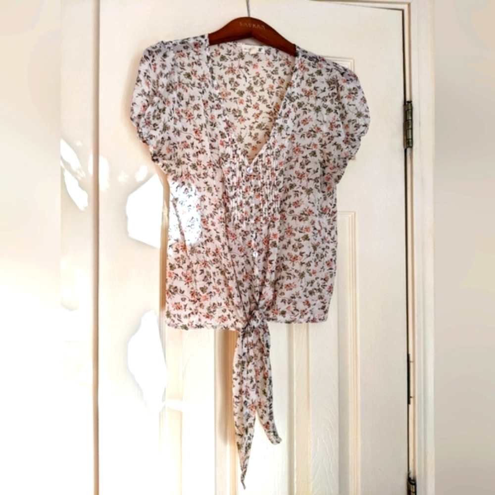 Sheer Tan Floral Print Blouse Size S